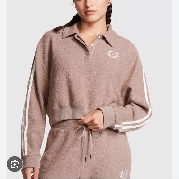 PINK Reverse Fleece Cropped Polo Sweatshirt NWT - Picture 3 of 5